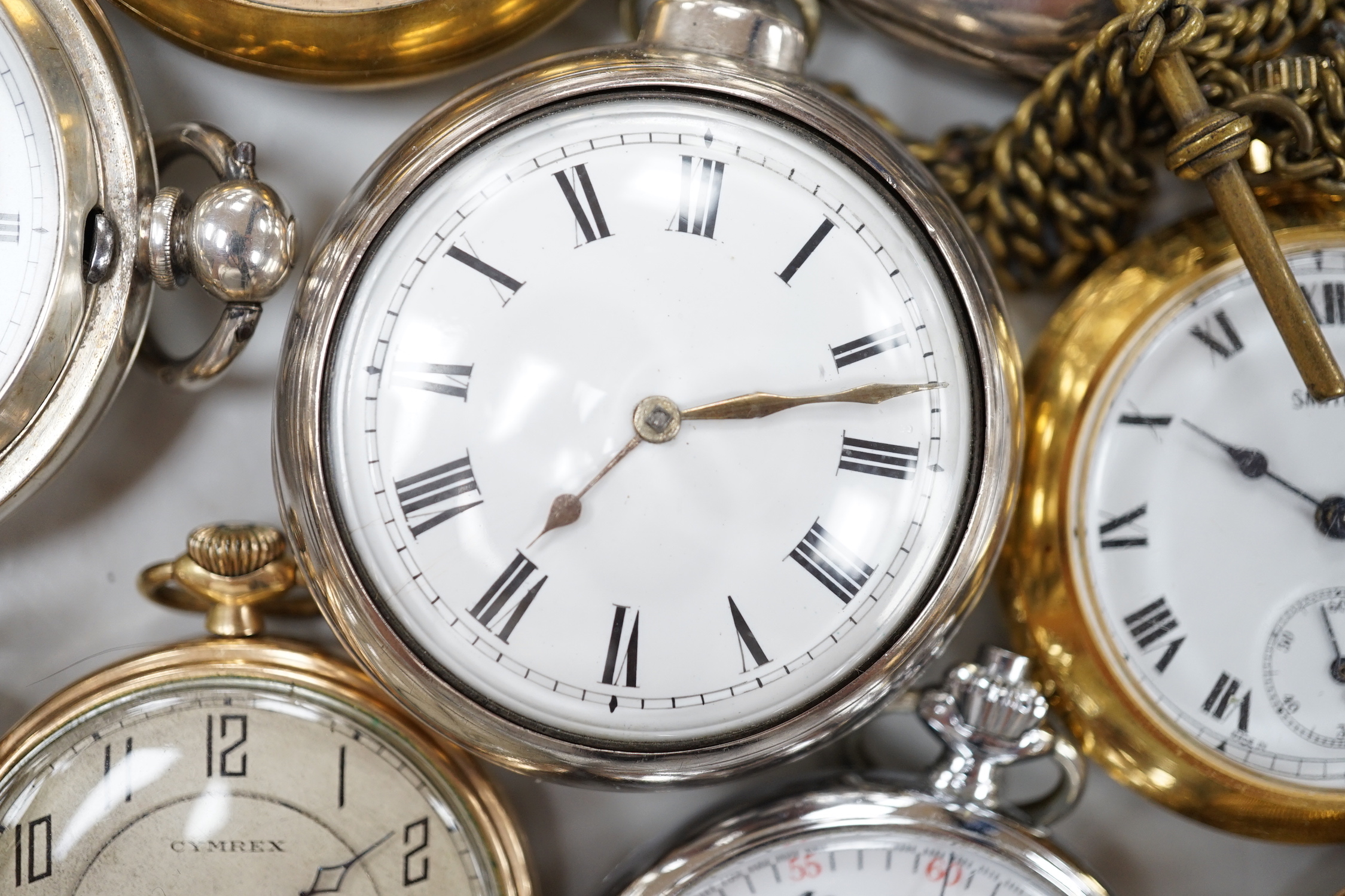 Eleven assorted silver or base metal pocket watches including Cymrex, Sun-Dial with decorated case and silver half hunter.